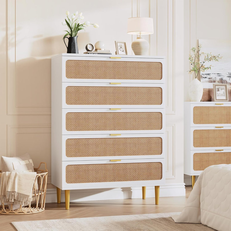 5-Drawer Rattan Dresser, Modern Wooden Chest with Deep Storage Drawers for Bedroom, Living Room or Hallway – White, White