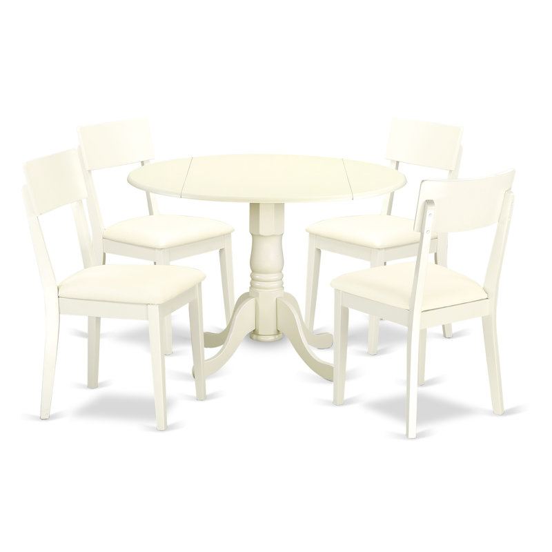 Ensemble de table de salle à manger 5 pièces moderne comprenant une table ronde en bois avec Dropleaf et 4 chaises de salle à manger en similicuir, lin blanc