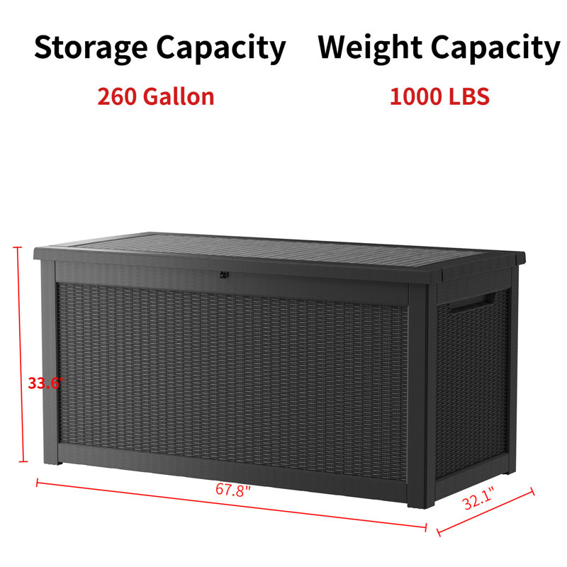Boîte de rangement pour terrasse verrouillable en résine résistante à l'eau 260 gallons l 67,8 po, Noir