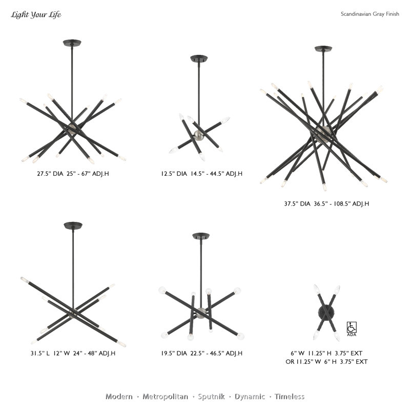Runo Sputnik Modern Linear Chandelier, Scandinavian Gray