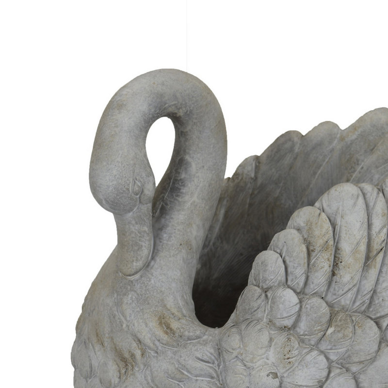 Jina Large Planter With Swan Sculpted Details, Gray Terracotta, 12.25" H x 14.5" W x 9.75" D