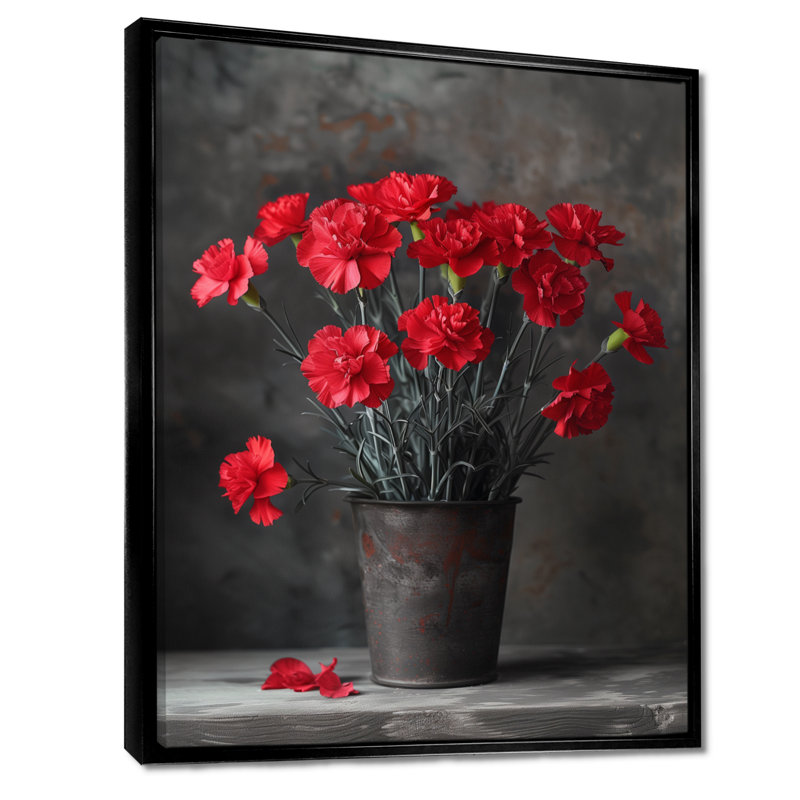 Œillets monochromes rouges et noirs vibrants en pot II - œillets, art mural, Toile avec cadre flottant noir