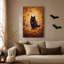 Art noir sur toile, "Chat noir dans la forêt d'automne dorée avec citrouilles"-28595848