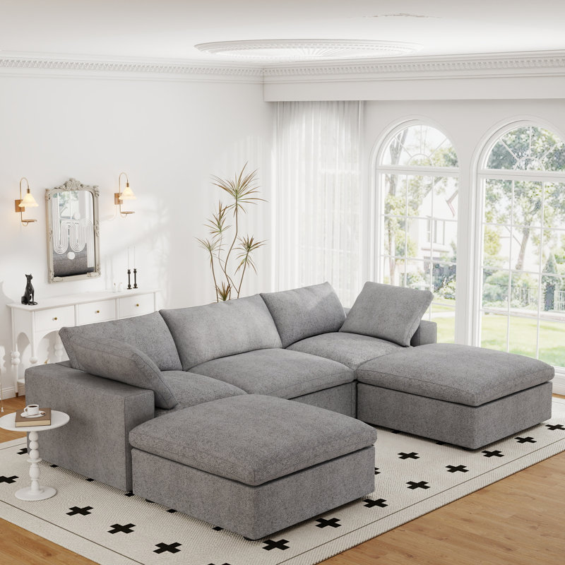 Canapé modulaire rembourré en lin avec repose-pieds 5 pièces Kenda, Lin gris