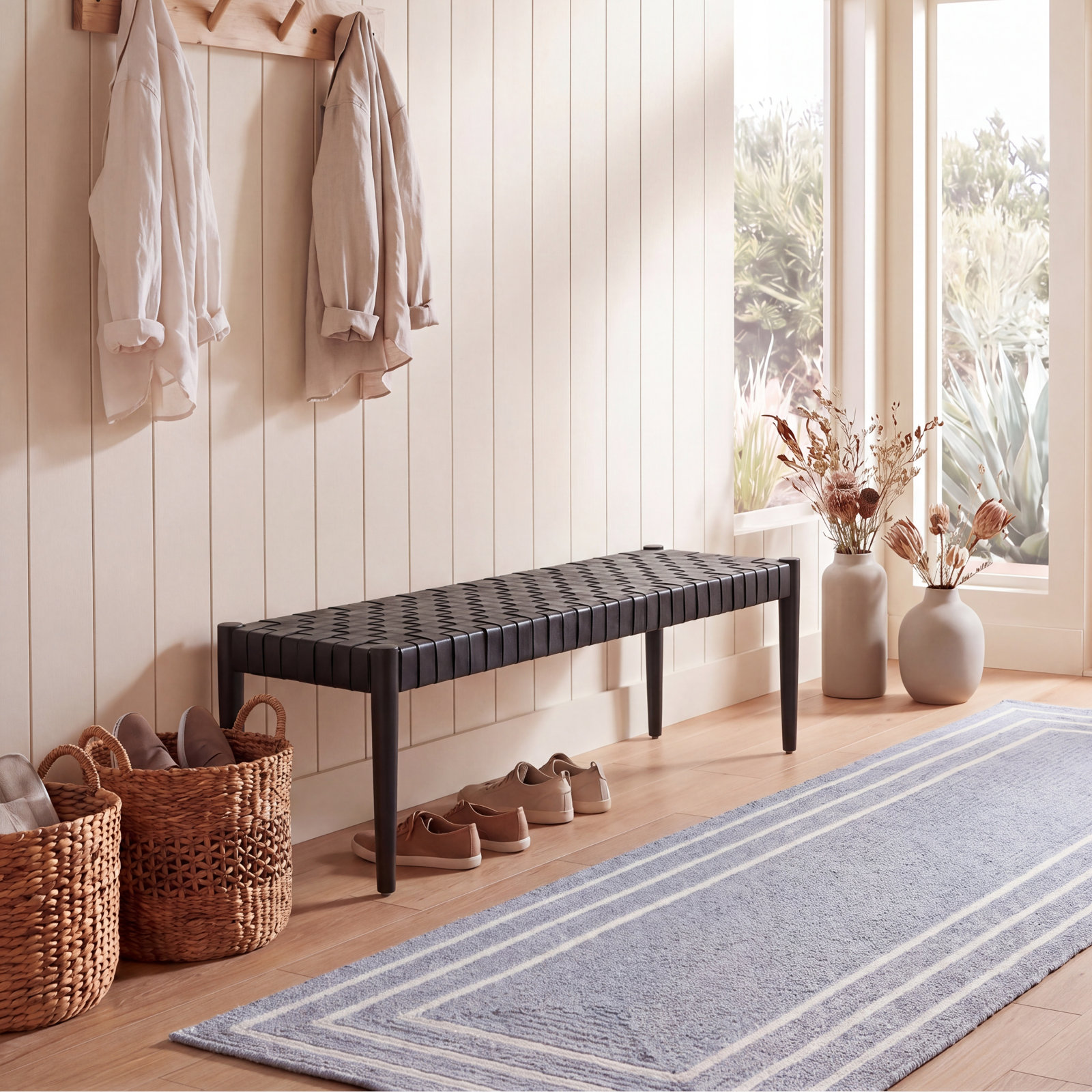 Orin 47" Woven Leather Bench, Black Frame/Black Leather