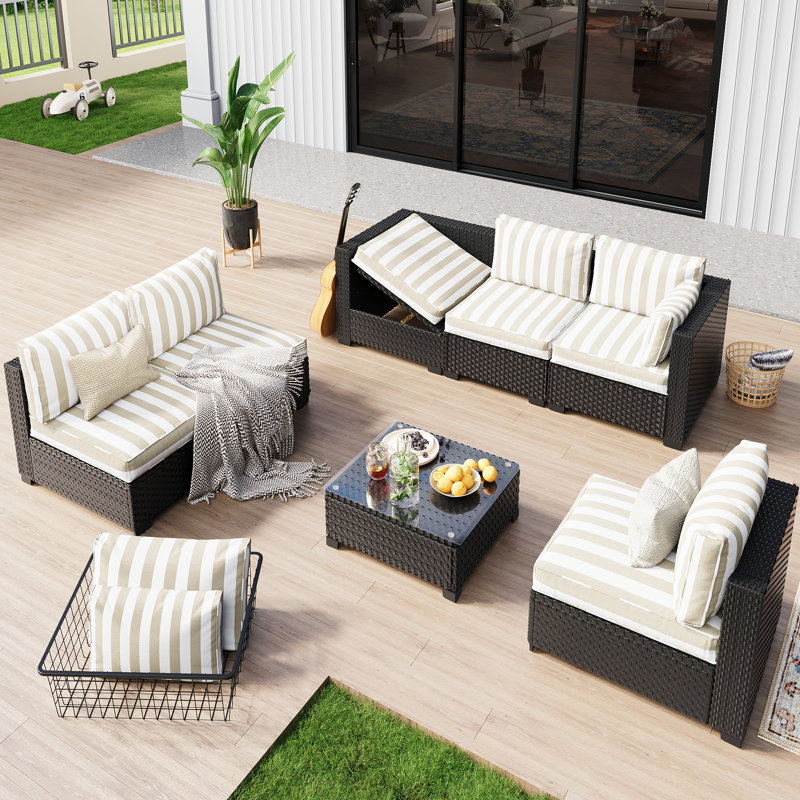Pre-Assembled Chairs, 6-Person Patio Furniture Set Outdoor Wicker Sectional Conversation Seating Group With Waterproof Furniture Cover