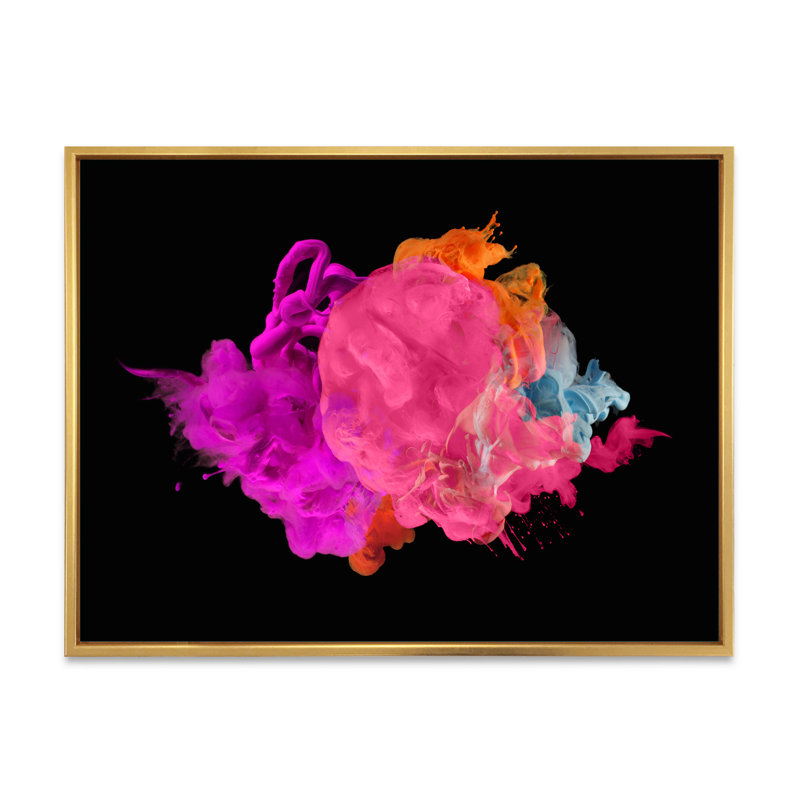 Fuchia et encre rose sur fond noir - peinture sur toile, H 24 po x l 32 po x P 1 po, Cadre flottant doré