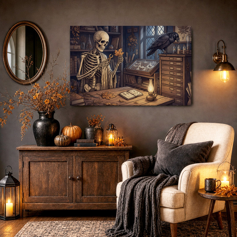 «Skeleton and Raven in Vintage Apothecary Study», art mural sur toile, H 16 po x l 24 po
