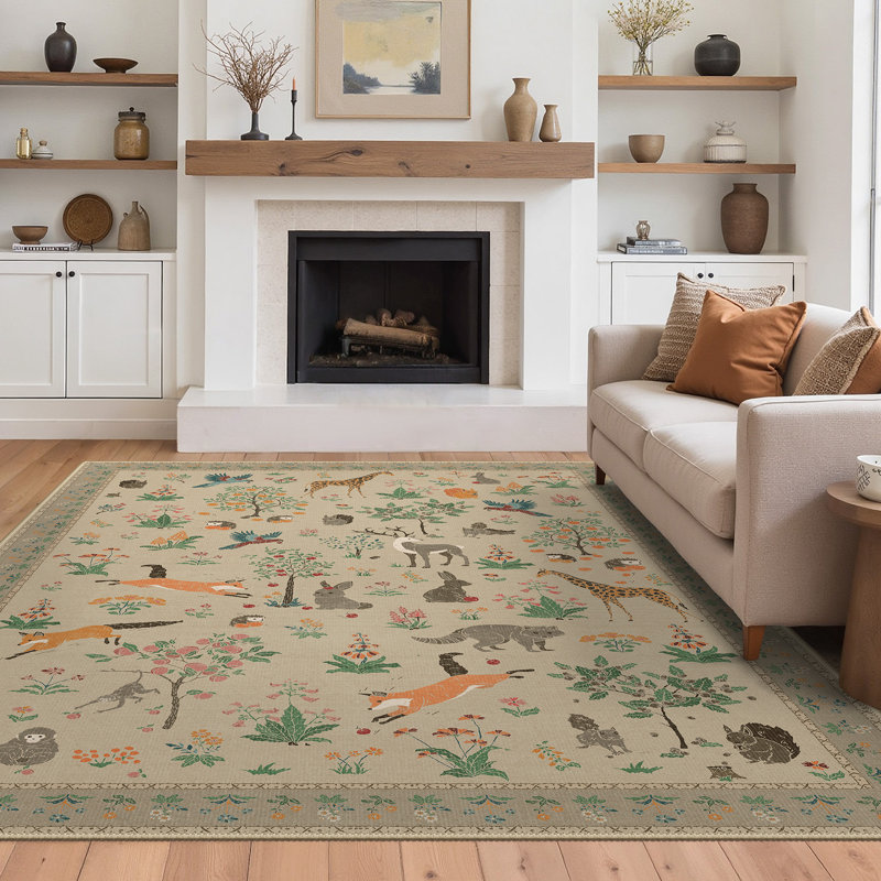 Alcoa Floral and Animal Print Performance Machine Washable Area Rug, Rectangle 8' x 10', Light Taupe
