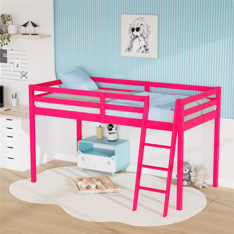 Junior Low Loft Bed With Stairs, Wood Loft Bed For Adults, Kids And Young Teens, Twin, Pink