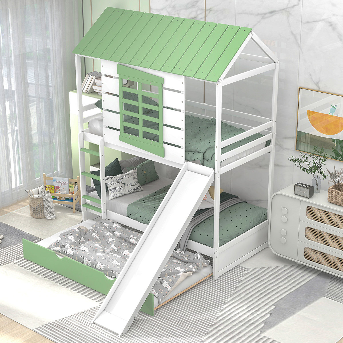 One Allium Way® Twin Over Twin Size House Bunk Bed With Convertible ...