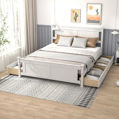 Wood Size Bed Frame With 4 Storage Drawers, Solid Wood Platform Bed With Headboard by Winston Porter