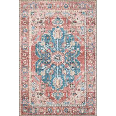 Machine Washable Ethnic Patterned Blue and Red Traditional Vintage Decorative Area Rug