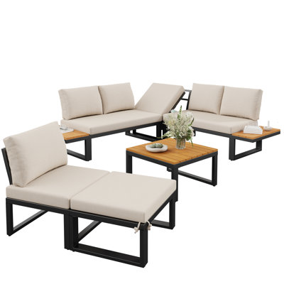 6-Piece Outdoor Lounge Set, L-Shaped Sofa With Coffee Table & Cushions