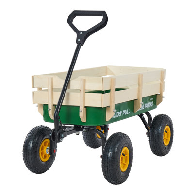 Pull-Along Wagon for Kids, 39 inch Toddler Wagons with Wooden Panels & Handle, Supports up to 330 lbs, All-Terrain Utility Wagon Cart Birthday Present for Kids Gardening Beach, Green
