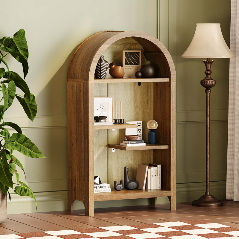 Étagère arquée autoportante à 4 niveaux à 4 niveaux, armoire de rangement asymétrique ouverte, étagère en bois pour hall d'entrée, salon, chambre à coucher, couloir