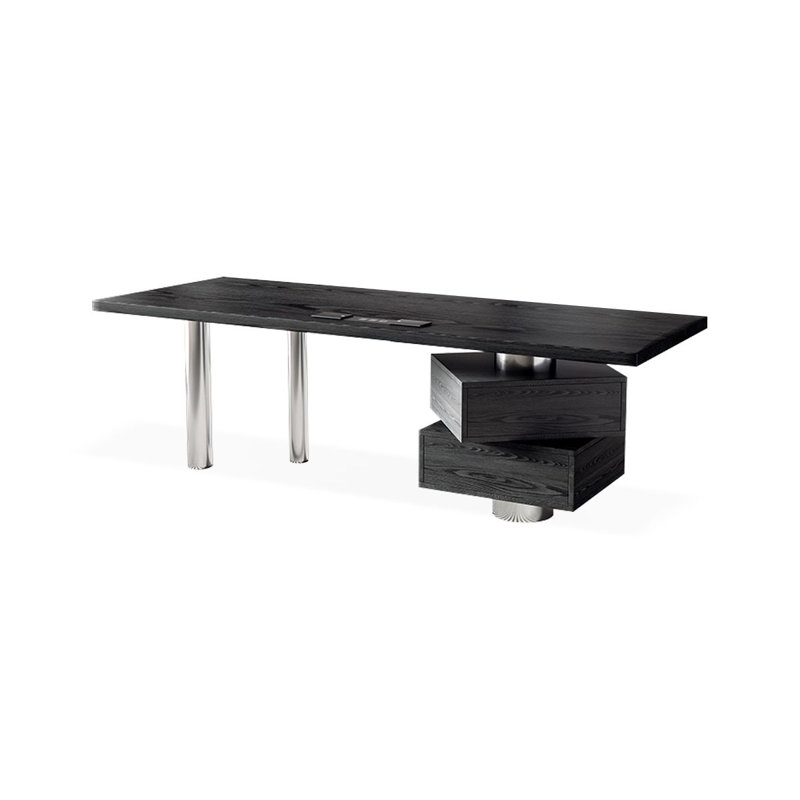 Bureau rectangulaire en bois massif noir + argent + acier inoxydable avec 2 tiroirs, H 29,53 po x l 62,99 po x P 31,5 po