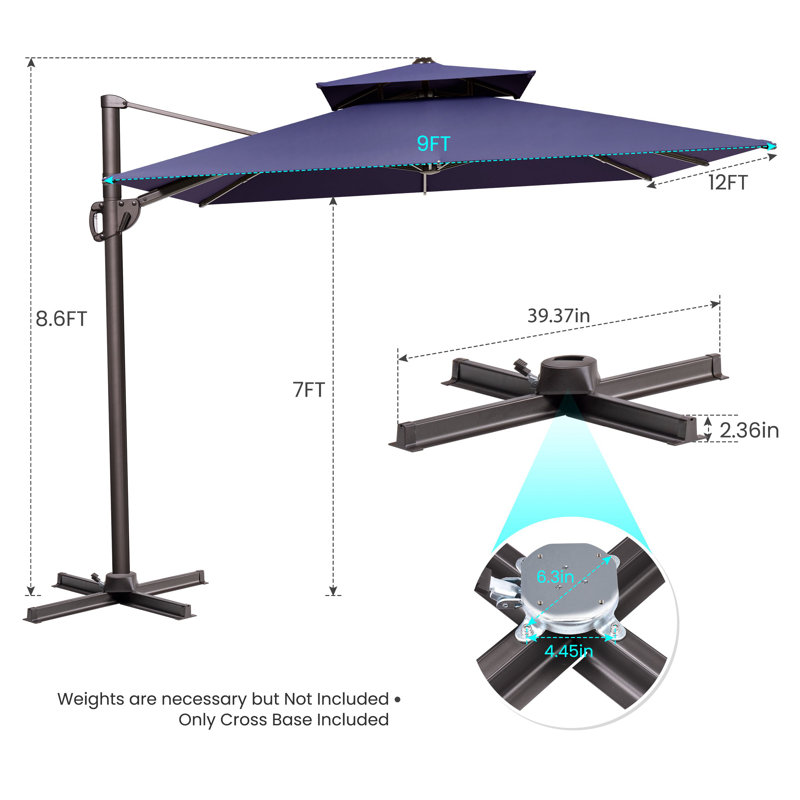 Gerken 116' Square Cantilever Umbrella, Weighted Base Does Not Include, Forme rectangulaire, L 144 po x P 108 po, Navy Blue