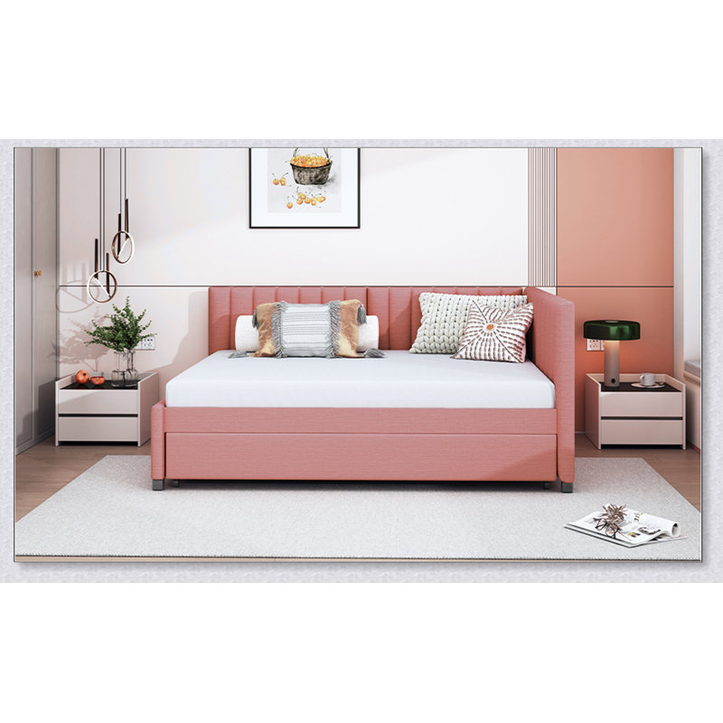 Full Upholstered Daybed With Trundle Sofa Bed Frame, Pink