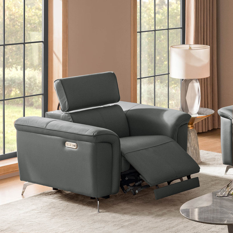  Maltby 45.25" Modern Genuine Leather Dual Motor Power Recliner with Adjustable Headrest, Blue Gray