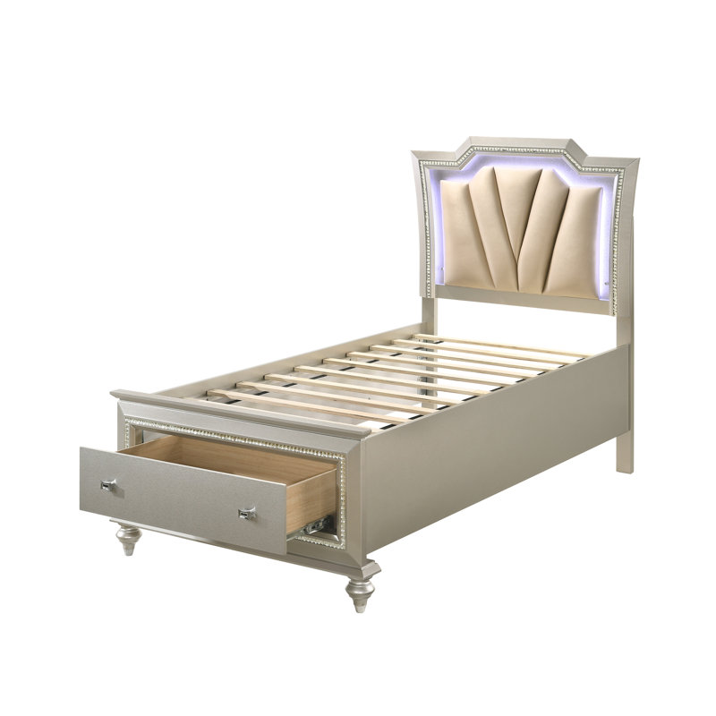 Lit double en cuir champagne - DEL, rangement spacieux, champagne synthétique et rangement avec DEL