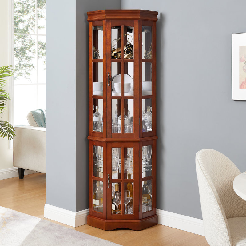 Armoire de coin à 5 tablettes en noyer avec éclairage et fonction d'affichage 5 tablettes, Noyer