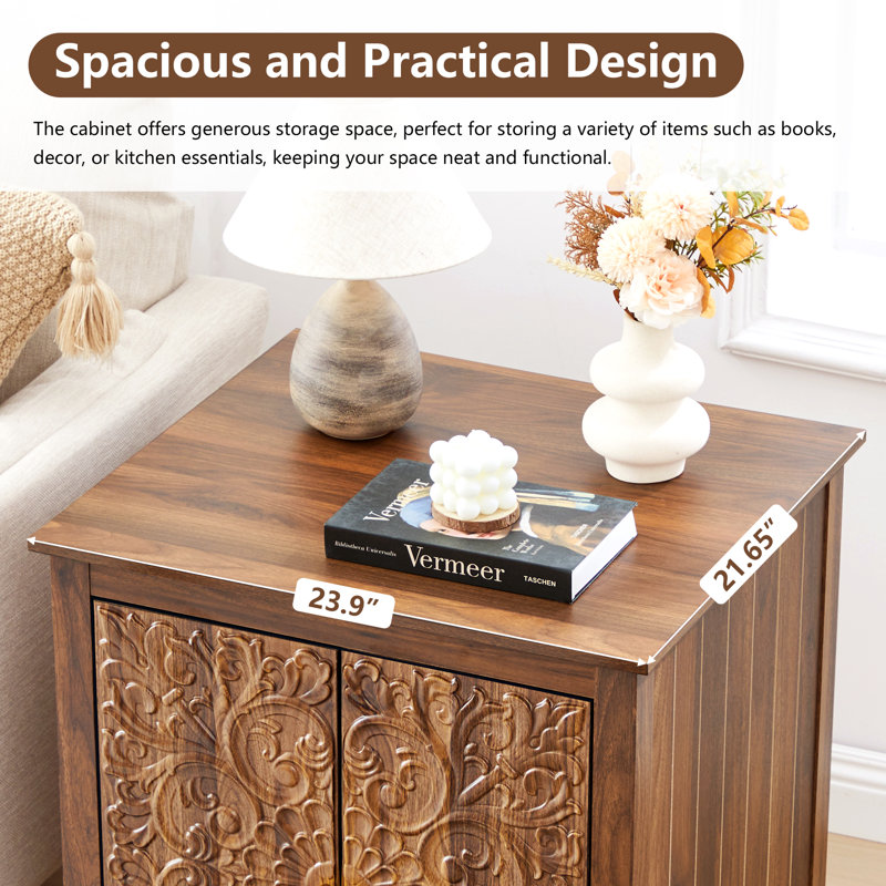Farmhouse 25.59'' Tall Embossed Side Table Cabinet, Walnut