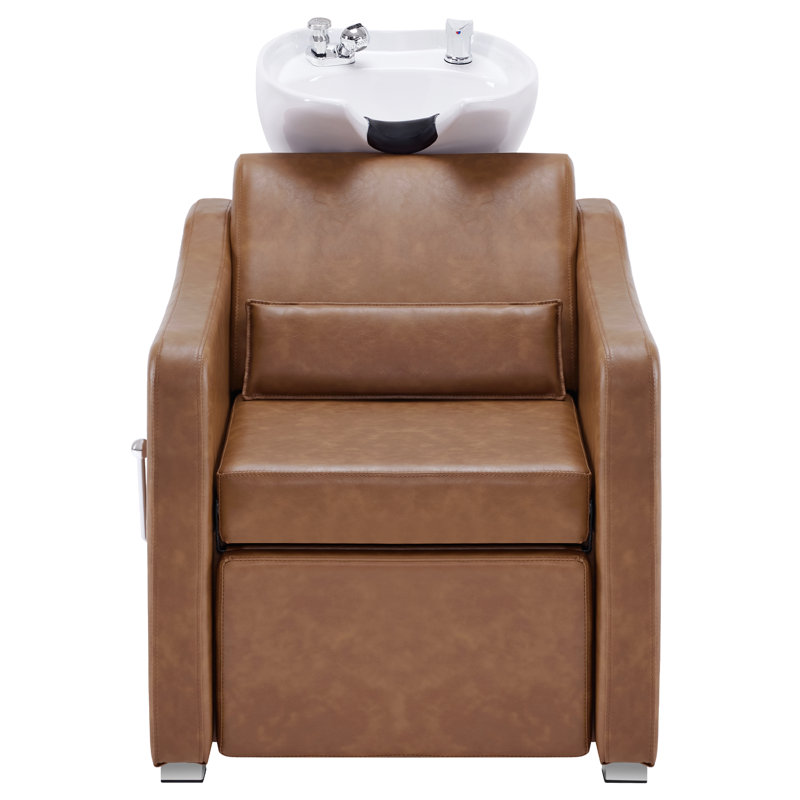 Backwash Shampoo Station Chair, Adjustable Ceramic Hair Wash Bowl with Chair, Brown Faux Leather