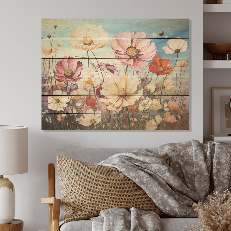 Assorted Flower Meadow Bouquets - Flower Field Wood Wall Art On Natural Pine Wood, 10" H x 20" W