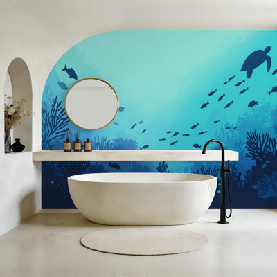 Coastal Peel and Stick Wallpaper Blue Ocean Under Sea Fish Turtle Dreamlike Wall Murals 100"H x 144"W Removable PVC Wall Paper Self-Adhesive Wall Decor for Bedroom Living Room Home Office
