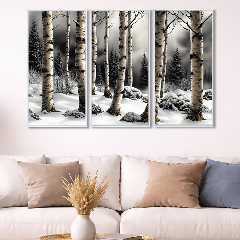 «Winter Pale Birch Forest - Woodland», art mural 3 pièces, H 32 po x l 48 po, Cadre flottant blanc