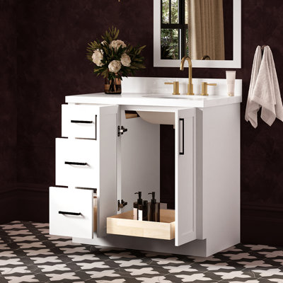   Kayleigh 37 Inch Right Offset Single Oval Sink Bathroom Vanity with Pure White Quartz Countertop 1.5 Inch in White