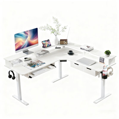 60" L-shaped Electric Standing Desk With Power Outlets & Led Lights by Latitude Run