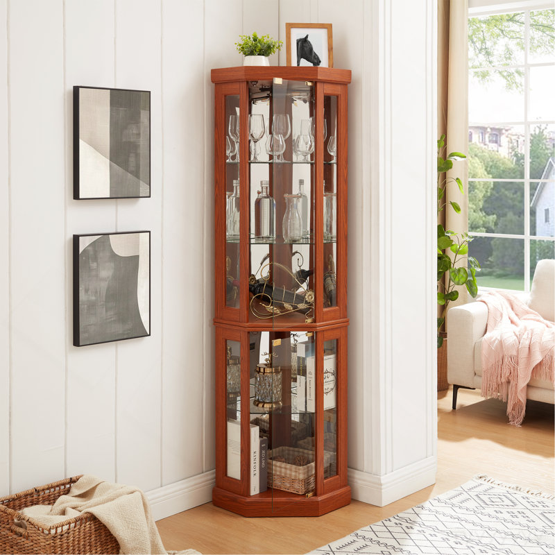 Corner Glass Cabinet Lighted Curio Cabinet Corner Display Case For Living Room, Curio Cabinet, Antique Collection, Wine,Bar Glass Storage Light Included, Dark Oak