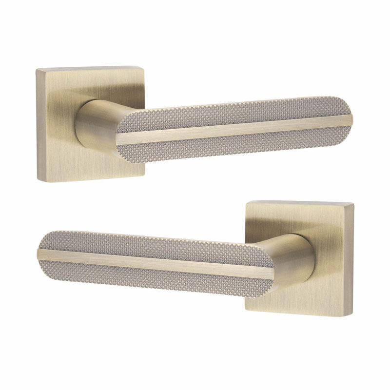  5 Pairs Modern Lima Knurled Design Premium Door Handles on Square Rose in Antique Brass Finish
