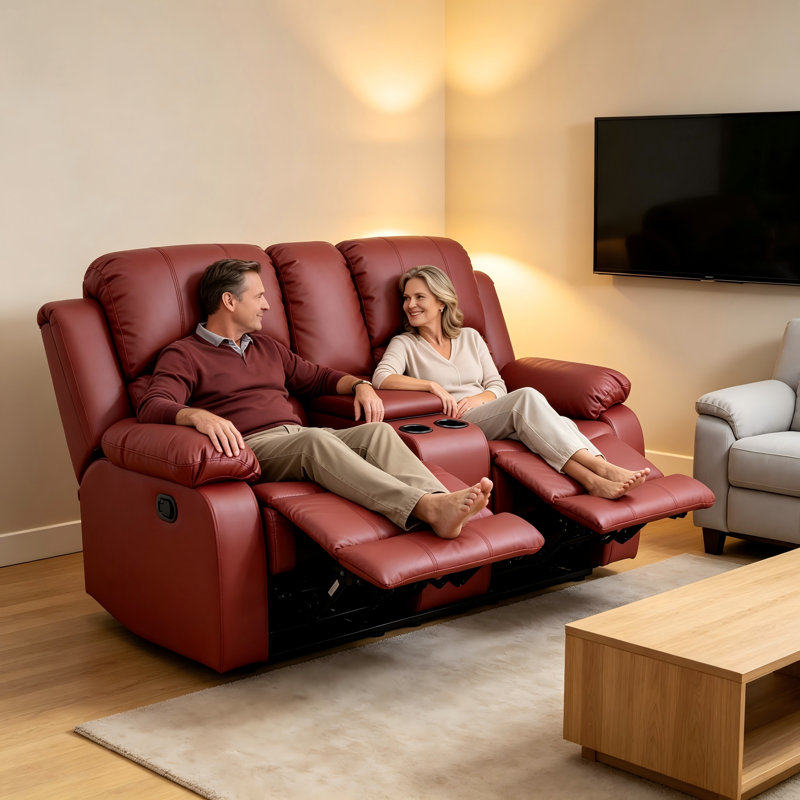 Causeuse inclinable manuelle en similicuir 68 po avec rangement et porte-gobelet 68 po, Rouge