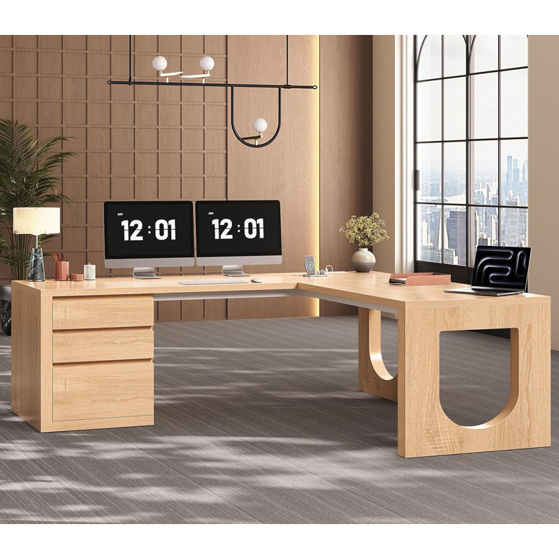 Bureau en L 63 po à 3 tiroirs, bureau de direction moderne avec tiroir classeur, Naturel