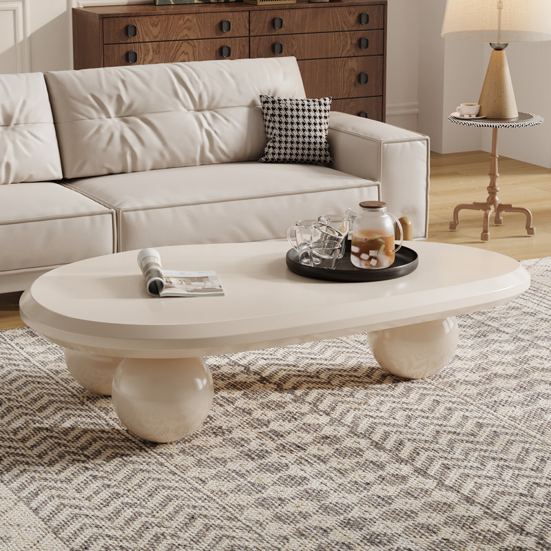 Table basse Minimalist Spherical Base - Table d'appoint Mid-Century, Crème, Blanc