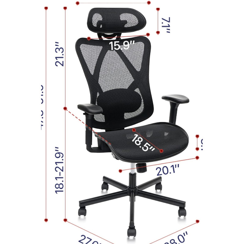 Chaise de bureau ergonomique réglable avec siège en filet - lombaire, accoudoir, roues silencieuses pour utilisation et haute performance pour les professionnels