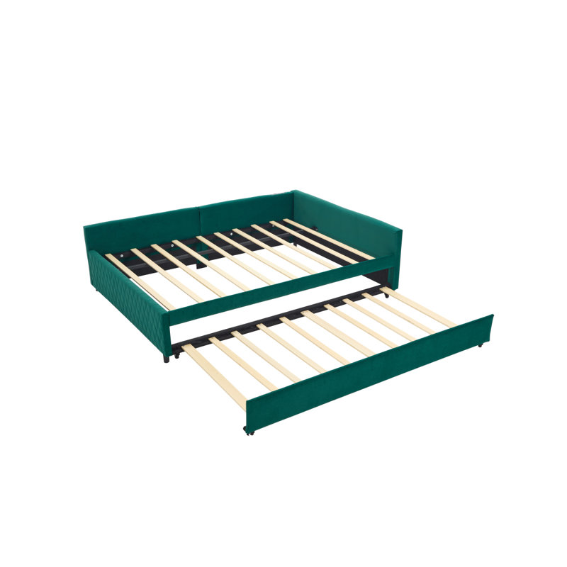 Upholstered Daybed With Trundle,Sturdy Wooden Bed Frame, Modern Diamond Grid Design,For Bedroom, Guest Room (Emerald)