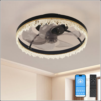 Smart Silent Elegant Black Ceiling Fan with Light – 16-inch Flush Mount LED Chandelier with 5 Invisible Blades, Remote Control & Timer, Dimmable Lighting for Bedroom, Living Room, Dining Room