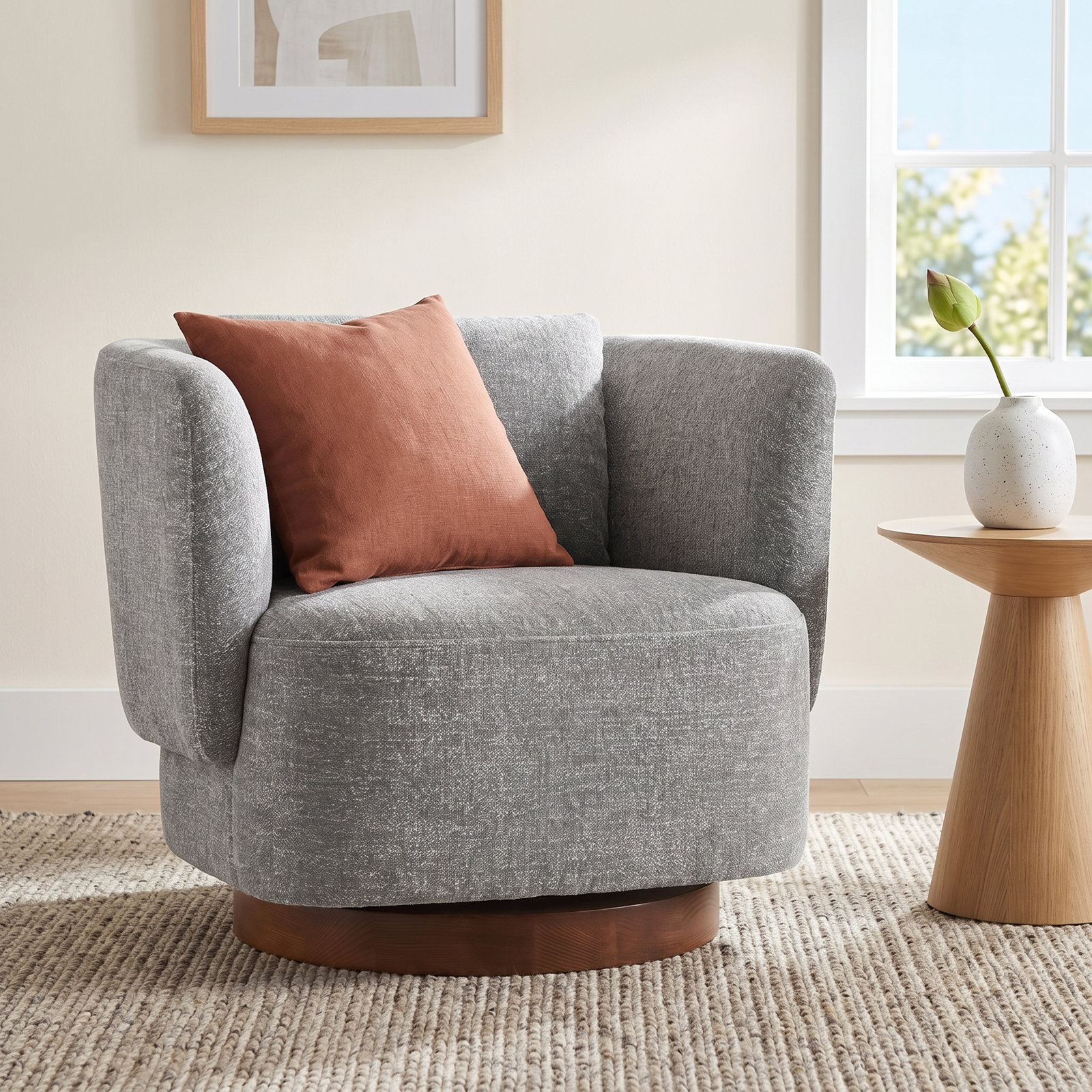 Morello Swivel Armchair, Magnolia Light Grey Tweed