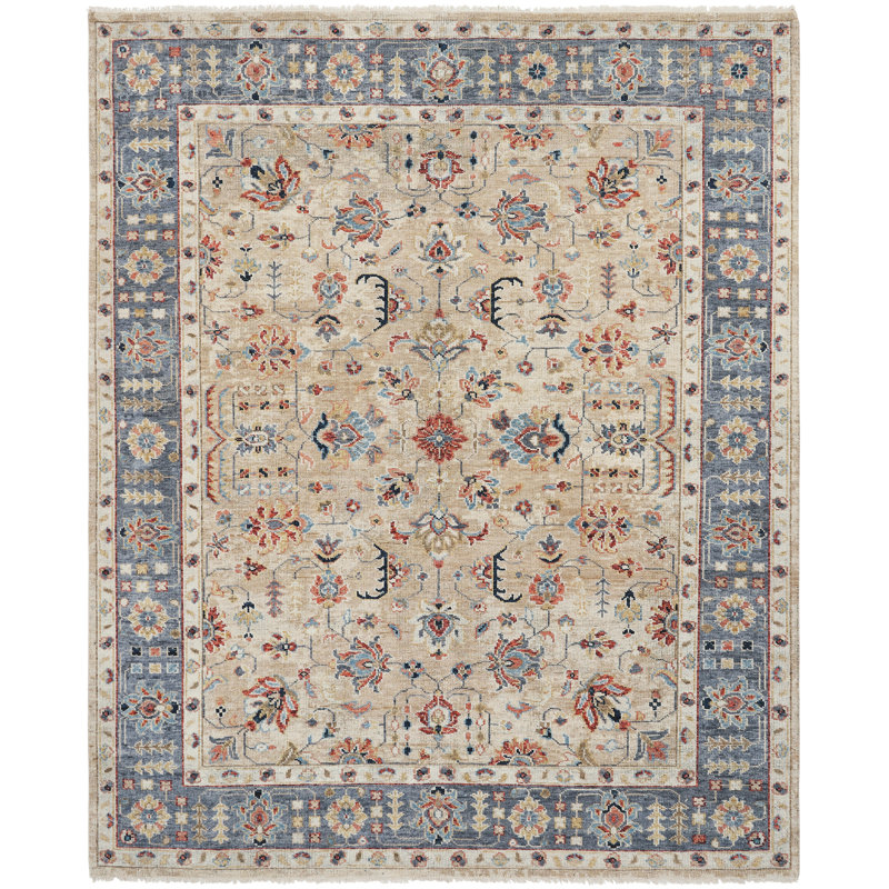 Hand Knotted Wool Area Rug in Beige, Rectangle 6' x 9'