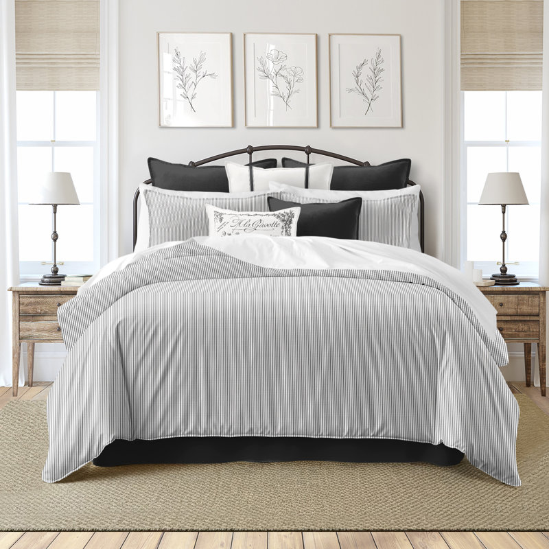 Jaxon Stripe Reversible Cotton Duvet Cover Set, Ebony, Cal.King Duvet Cover + 2 King Shams