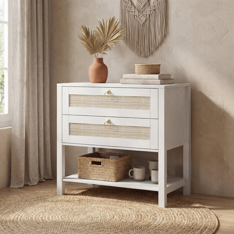 Table de chevet 26 po avec table de chargement et table de chevet à 2 tiroirs avec tablette ouverte, Blanc