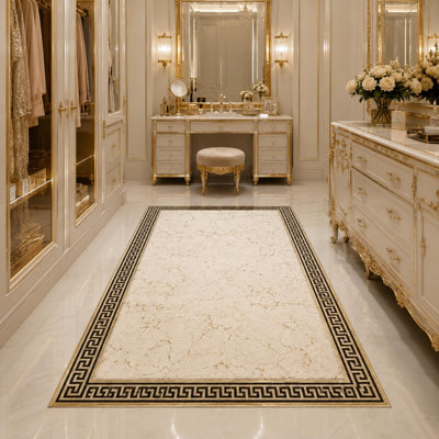 Marble Effect Area Rug, Greek Key Border, Cream Gold Carpet, Modern Luxury Home Decor
