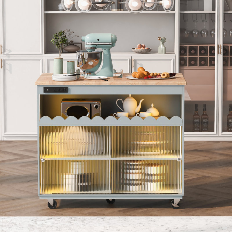 Îlot de cuisine avec abattant, chariot de cuisine à DEL sur roulettes, Grey Blue, Solid + Manufactured Wood
