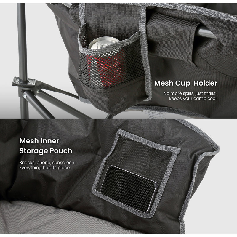 Oversized Charcoal Black Padded Folding Camping Chair with Cup Holder