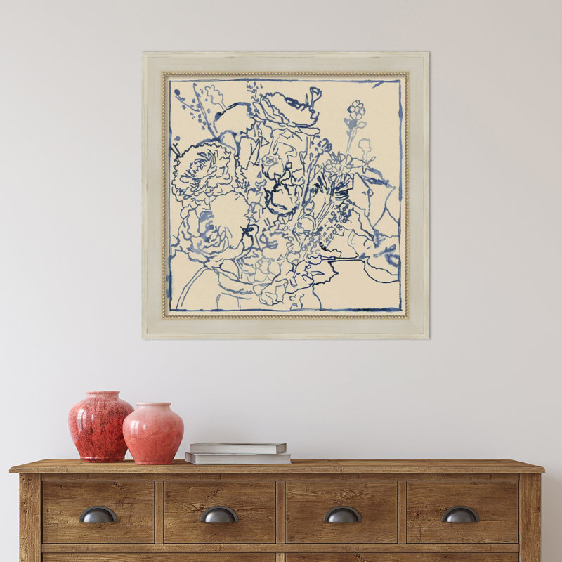 Indigo Floral Sketch by Megan Meagher, 28" W x 28" H, Cream