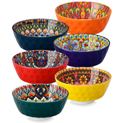 Ensemble de 6 bols en céramique à imprimé bohémien, 6 bols en céramique de 26 oz, motifs colorés assortis, style bohème